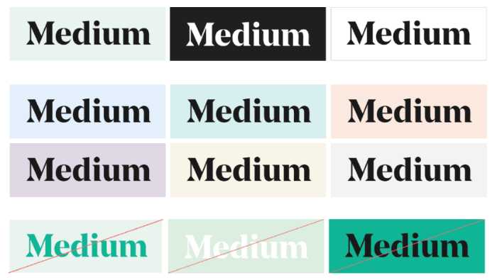 Branding guidelines: Medium. They are showcasing which colour combinations are appropriate and which are not