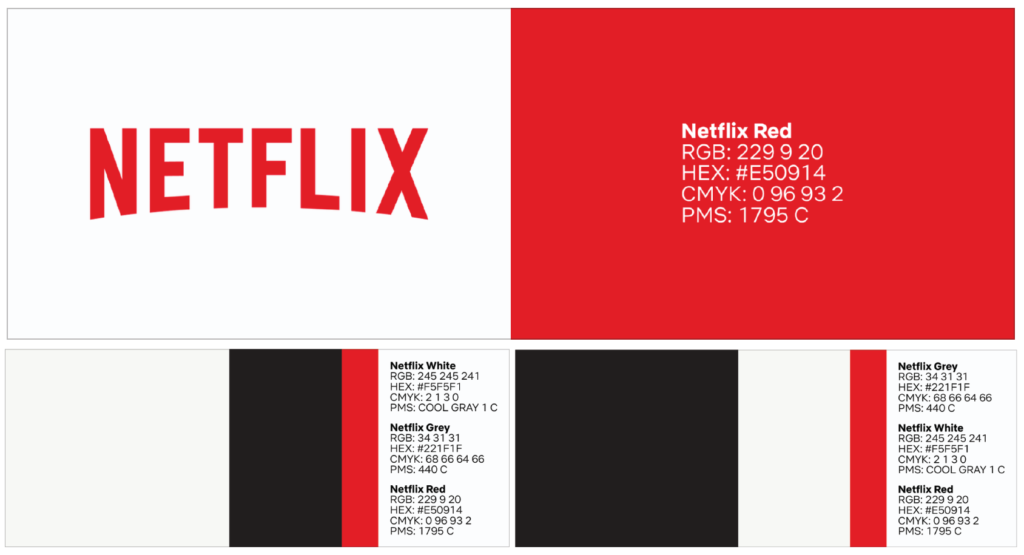 branding guidelines: netflix. Netflix lays out their iconic 'netflix red' and the colour pallets. 